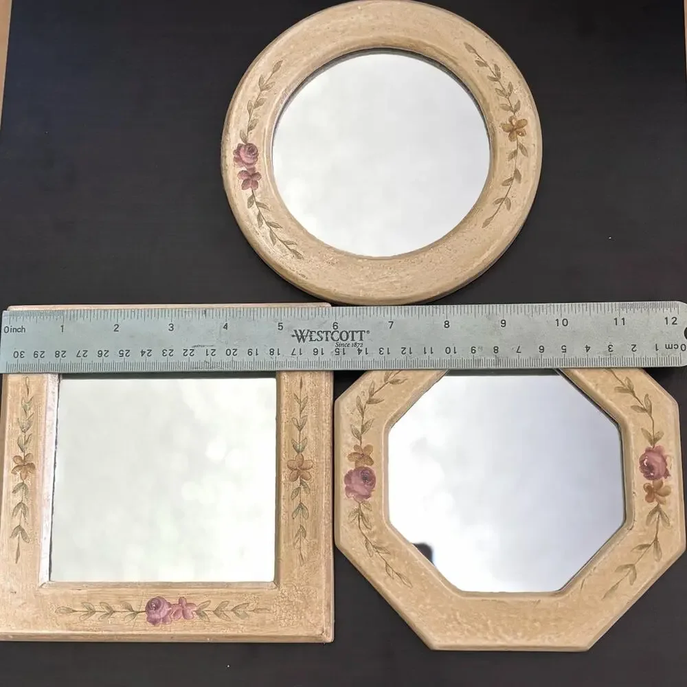 Vintage Mirror Set Hand Painted Cream Pink Rosebud Wall Decor 1980s